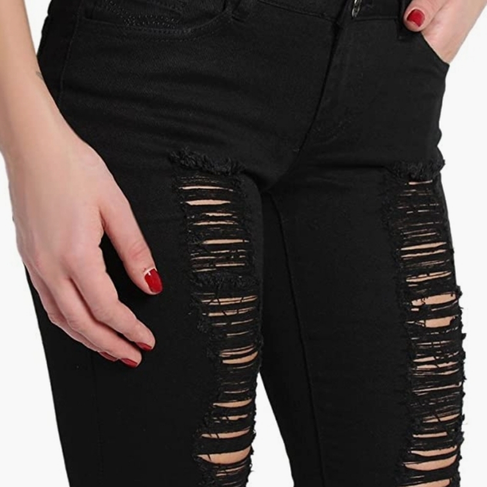 J&C Jean's & Crowns-Pasion- Distressed Ripped Stretch Skinny Black Jeans-Size 7 - Picture 2 of 8